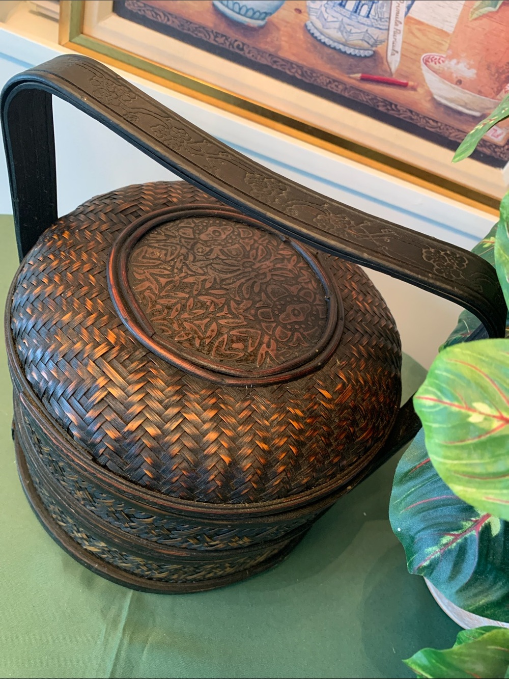 VTG Chinese Lucky Wedding Basket  Hand Woven 12” X 7.5”. 10.50” To Top Of Handle